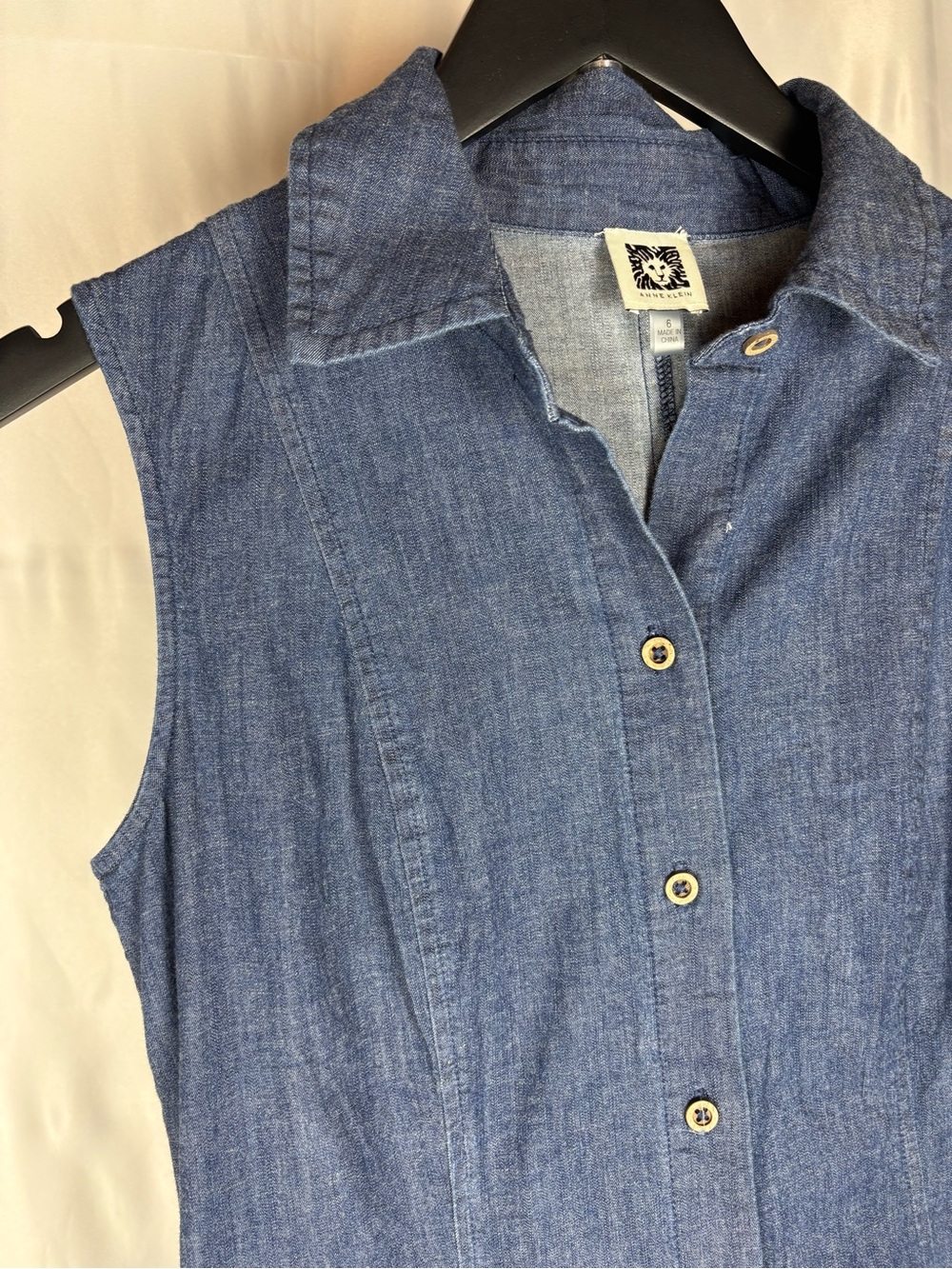 Anne Klein Size 6 Chambray Denim Button Front Sleeveless Midi Shirt Dress